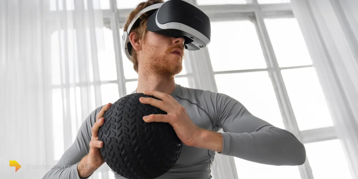 Homem sorrindo com óculos de realidade virtual segurando uma bola em fisioterapia
