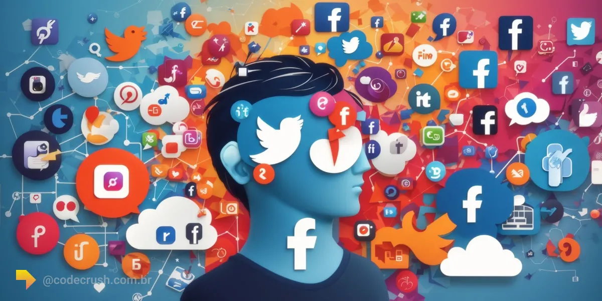 Pessoa cercada por conexões de redes sociais como Facebook, Twitter, Instagram e Pinterest