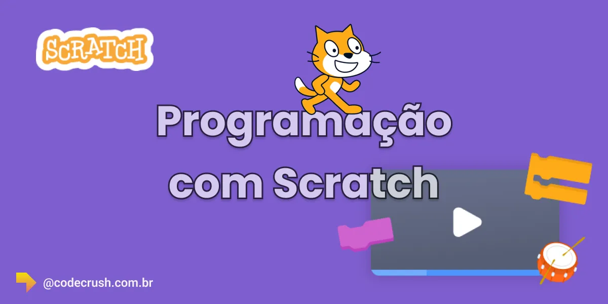 Logo do Scratch com o título Programação com Scratch em fundo laranja