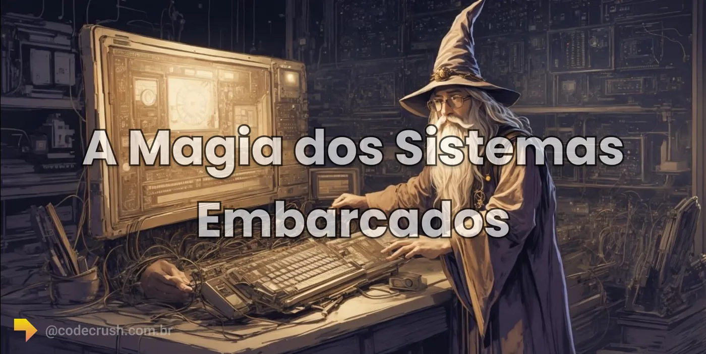 Ilustração de sistemas embarcados integrando hardware, circuitos e software em dispositivos eletrônicos