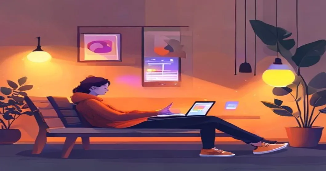 Homem sentado em um banco com um notebook estampado com o logo do aplicativo Threads da Meta