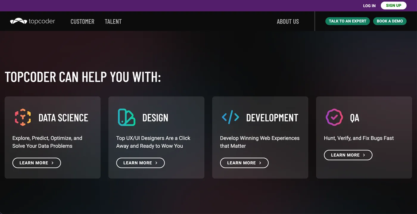 Tela inicial do site TopCoder com competições e desafios de programação com prêmios