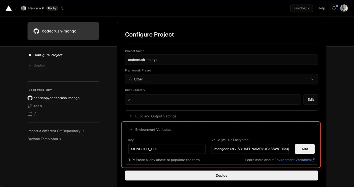 Tela do dashboard da Vercel mostrando onde adicionar as variáveis de ambiente do projeto