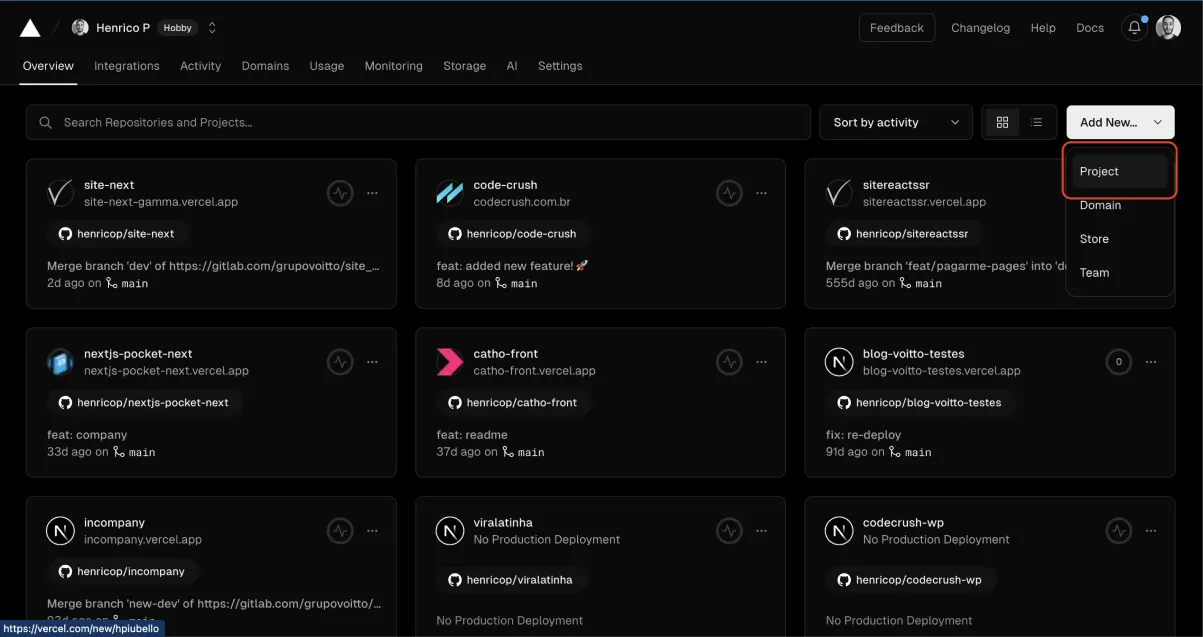 Tela inicial do dashboard da Vercel mostrando onde importar e criar um novo projeto