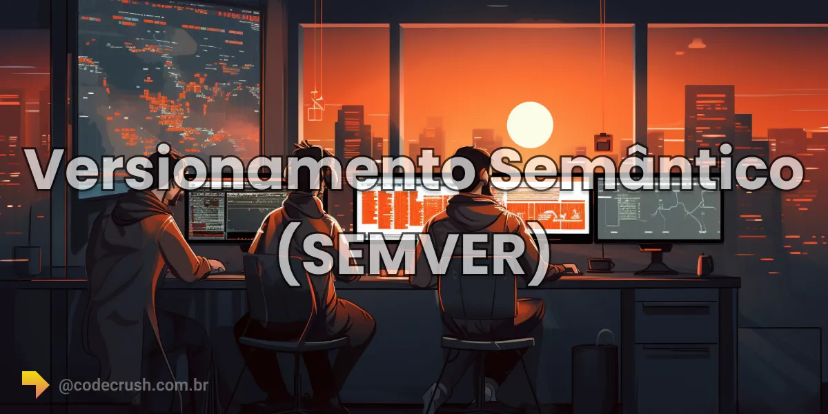 Desenvolvedores em pair programming revisando o versionamento semântico do código em múltiplos monitores